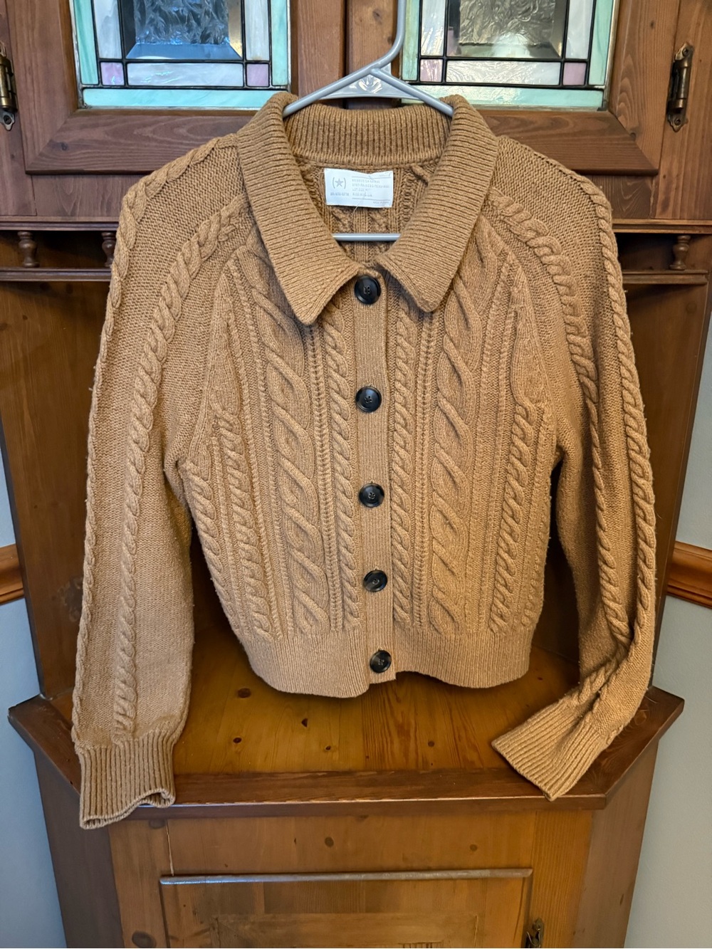 Banana republic heritage 2020 cotton wool blend cable knit cardigan in camel  M